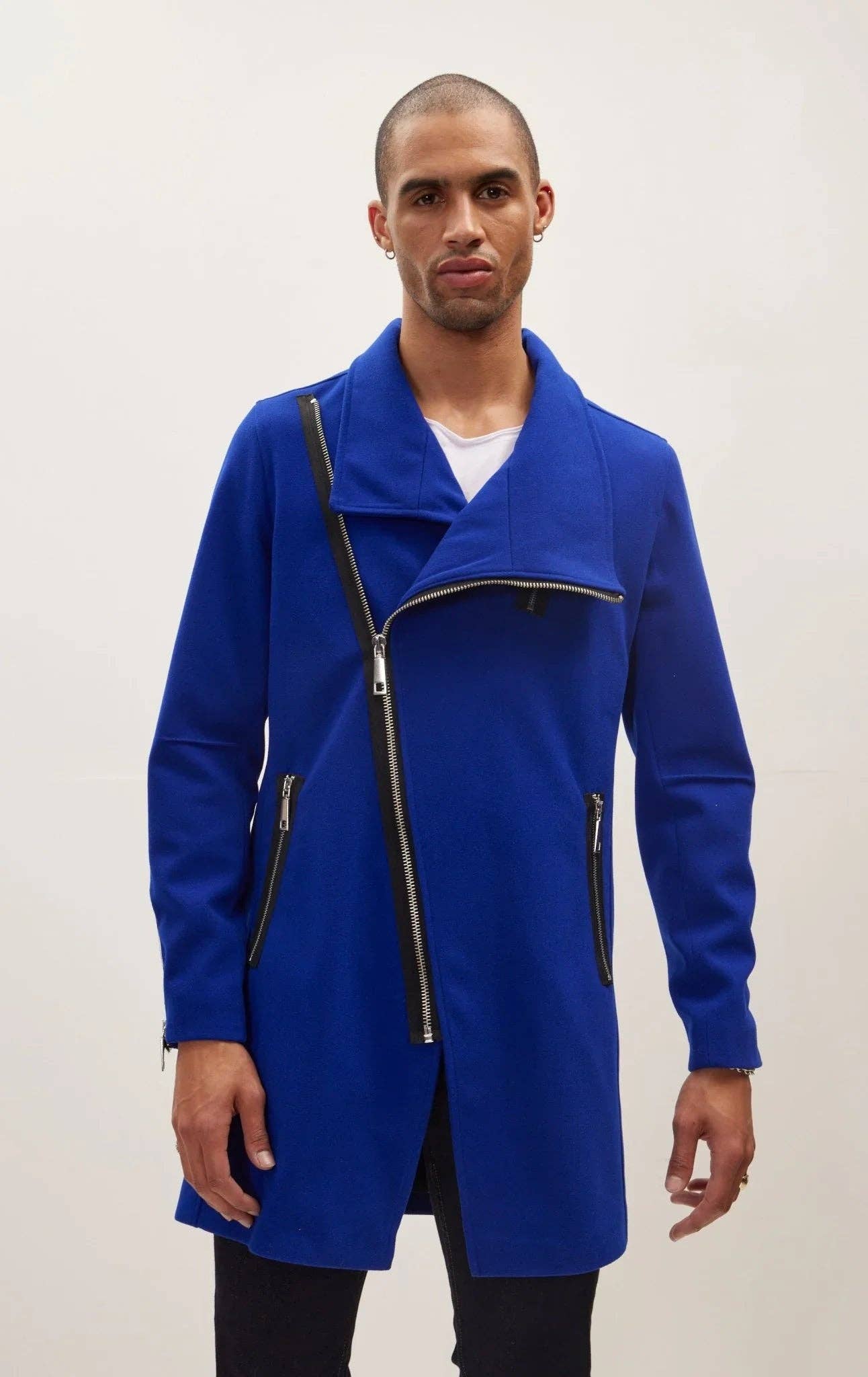 Men's Asymmetrical Zipper Closure Coat - Sax for wholesale on Faire2