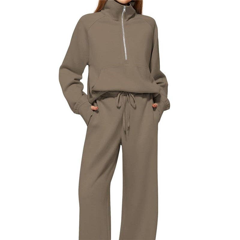 UZ Wholesale Store – wholesale Mjukisset – Dam – Set med halvzip-tröja i ren färg och joggers med vida ben7