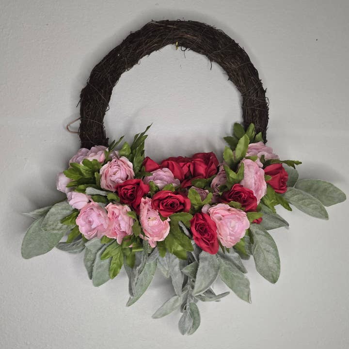 Faux Pink, Red Roses and Lamb's Ear Wreath for wholesale by An Array of Wreaths, LLC