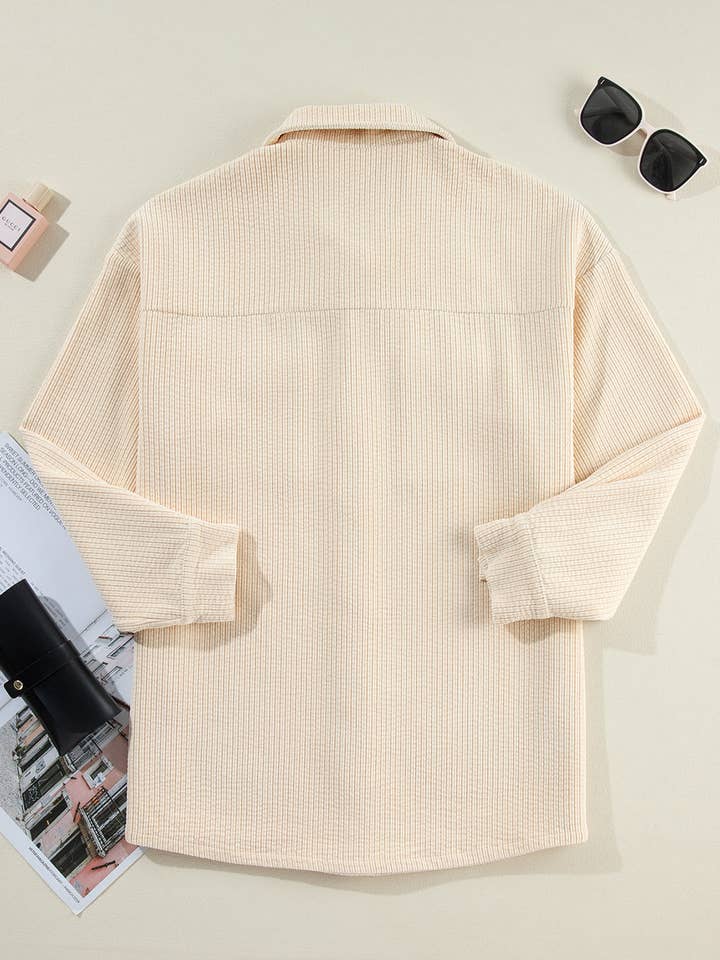 Oatmeal Corduroy Flap Pocket Buttoned Shacket for wholesale on Faire