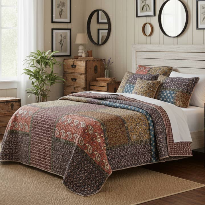 Tache Sunset Blooms Floral Patchwork Cotton Multi color Bedspread Quilt Set (JHW-825) for wholesale by Tache Home Fashion