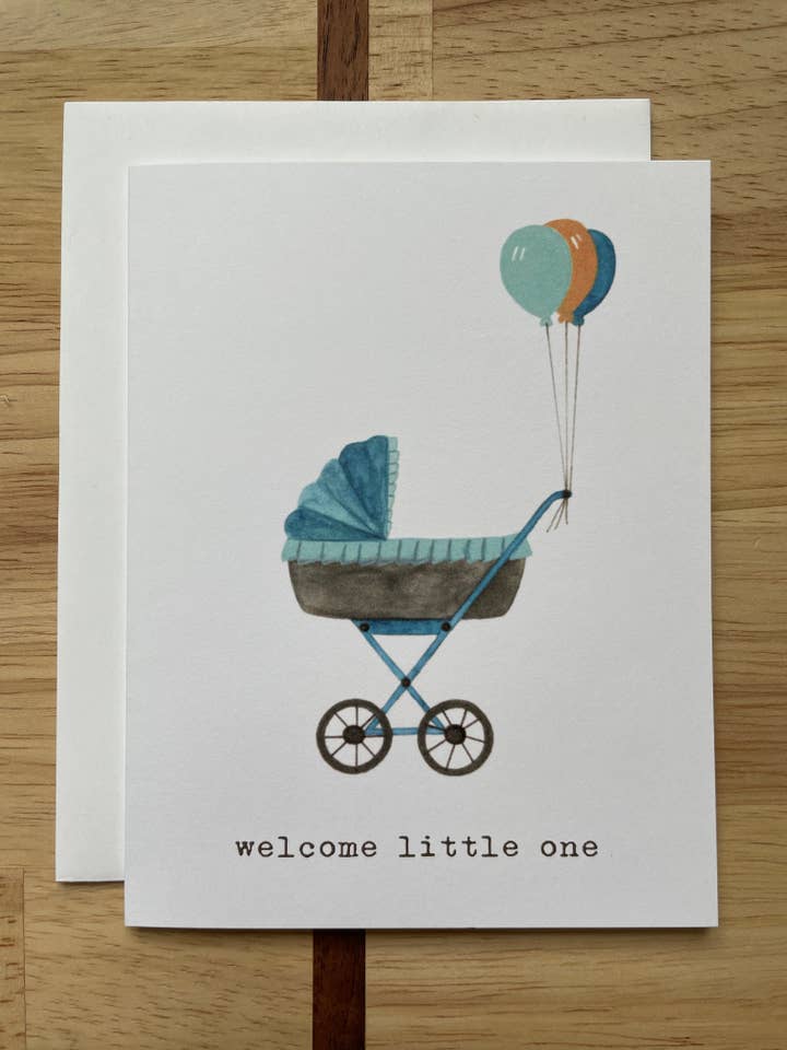 Welcome Little One Baby Pram - Watercolor Greeting Card for wholesale by Kristin Schmidt Artist
