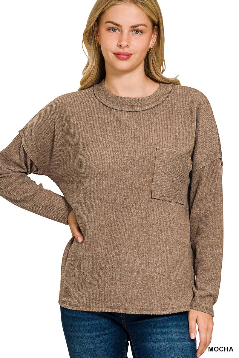 Vanilla Monkey - Wholesale Knit Sweater - Women's - Ribbed Brushed Melange Hacci Sweater With A Pocket2