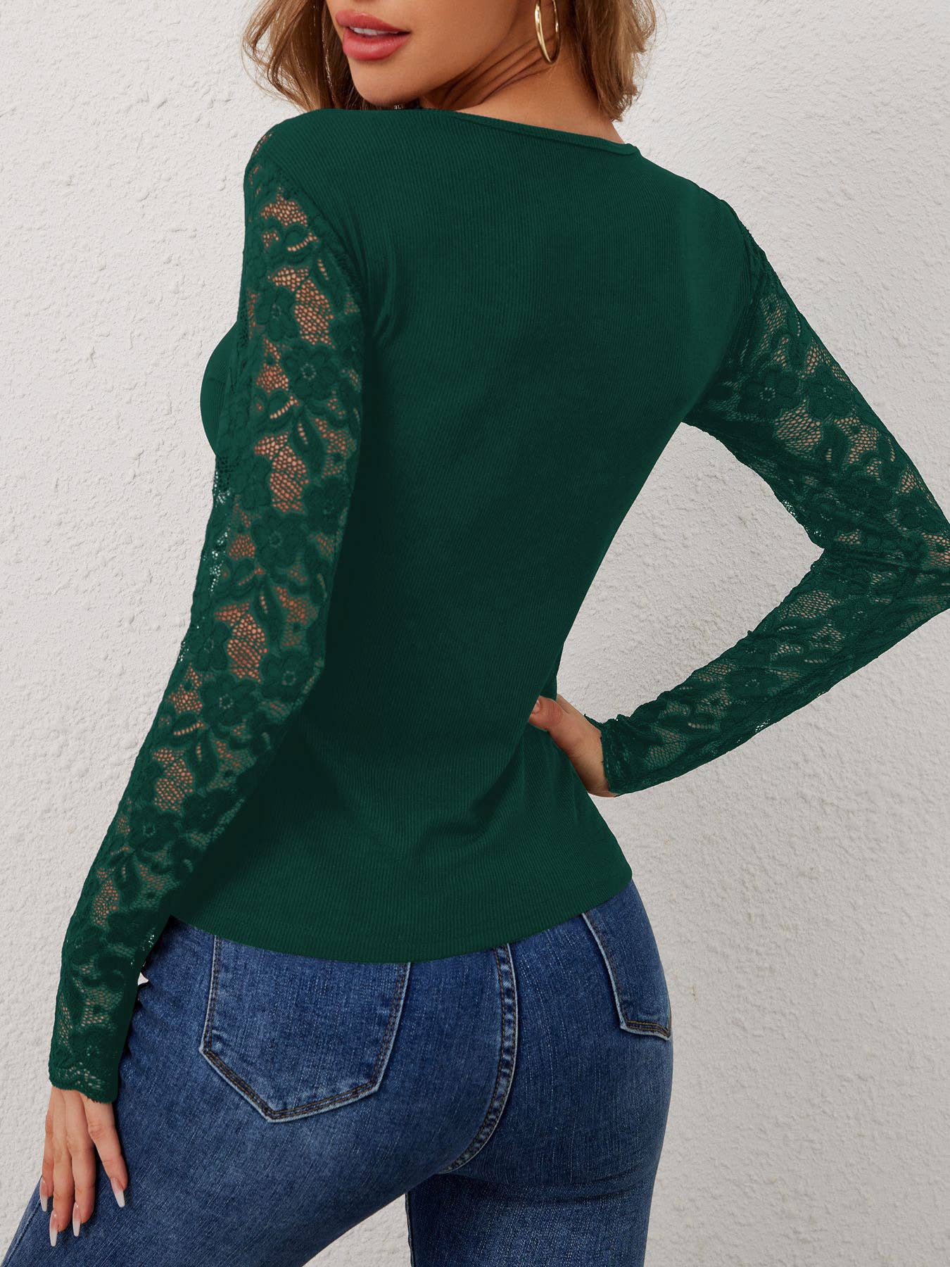 Lily Clothing - Wholesale Blouse - Women's - V-neck lace long-sleeved solid color slim T-shirt12