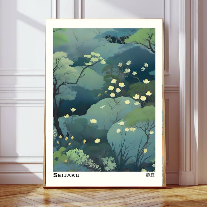 Japanese Seijaku Green Flowers Art Print for wholesale by Kumo Art Prints