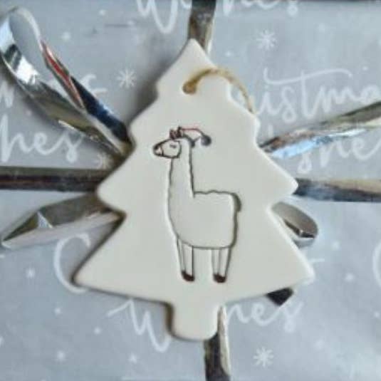 Christmas - Llama with Santa Hat - Handmade ceramic tree for wholesale by Broadlands Pottery