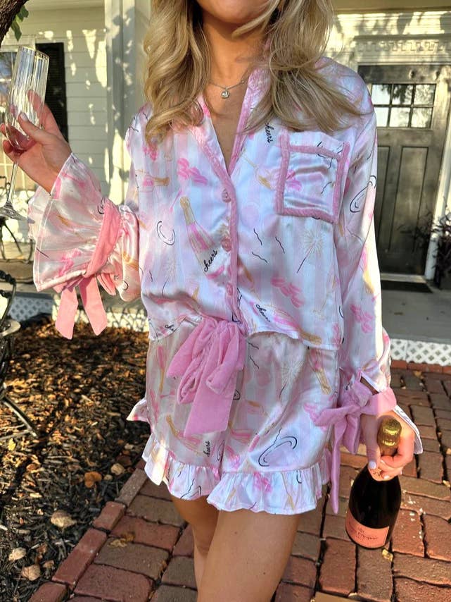 Pink Satin Velvet Tether Ruffled Satin Shirt Shorts Pajama Set for wholesale on Faire