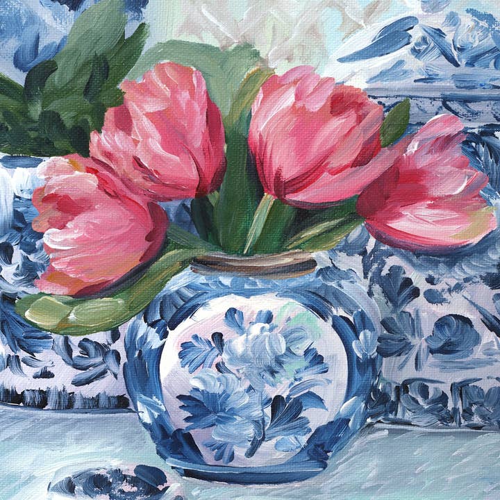 Nr. 186 Roze Tulpen, Blauwe Vaas, een kunstdruk op papier voor wholesale door Elizabeth Alice Studio