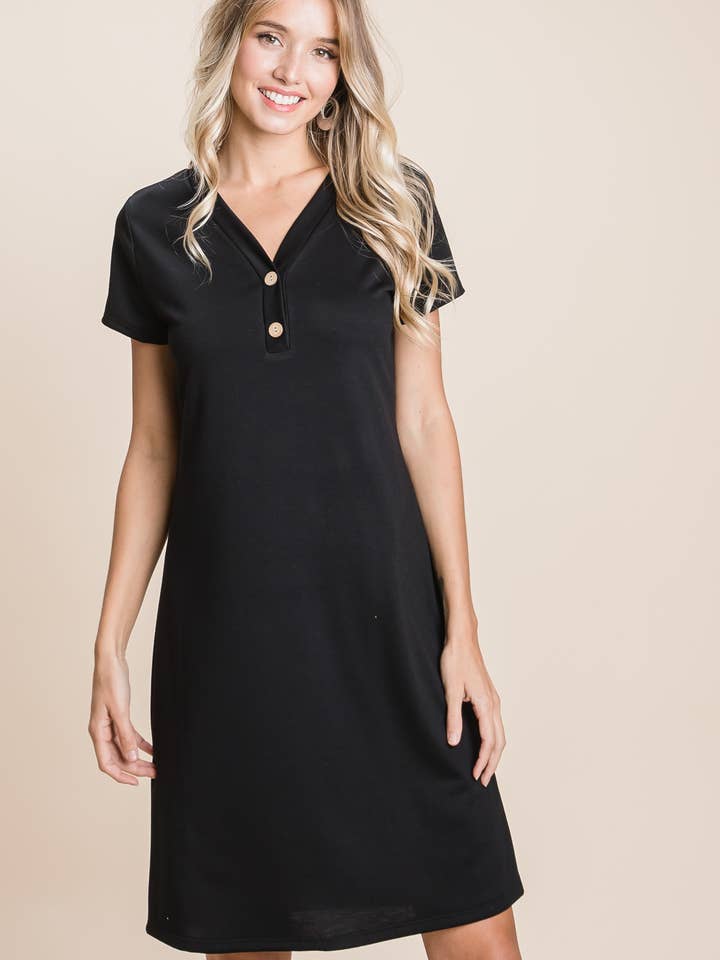 Black DA1286 V-NECK BUTTONED DRESS for wholesale on Faire
