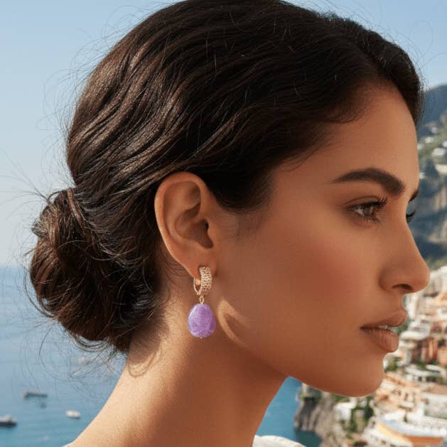 brinco de jade e zircões de aço inoxidável 18K brilhante glicínia por atacado de OE!