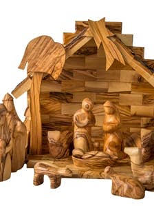 Mini Olive Wood Stable and Nativity set for wholesale by Earthwood