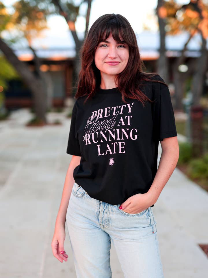 K&C Pretty Good At Running Late - (Black) S/S Crew for wholesale by Jadelynn Brooke