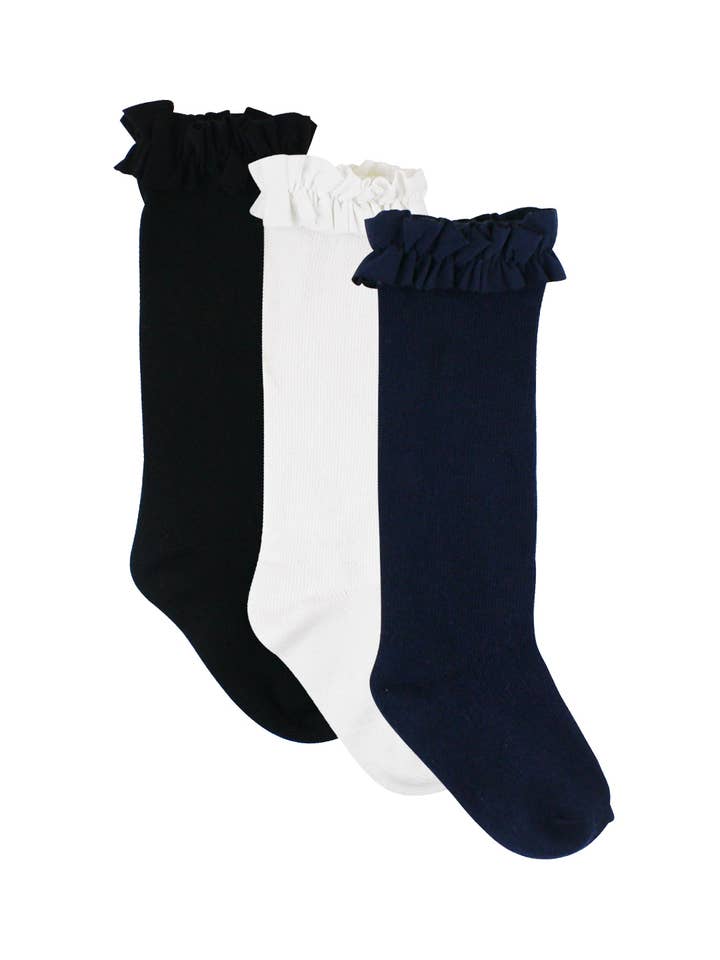 Bianco Calze al ginocchio con volant 3 pezzi per ragazze nero, bianco e blu navy scuro in vendita all'ingrosso su Faire