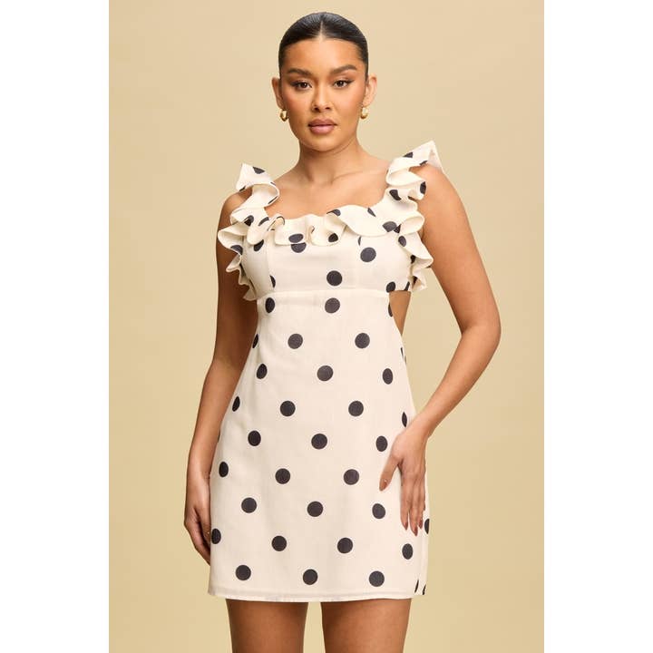 IVORY BLACK POLKA DOT RUFFLE DRESS for wholesale on Faire