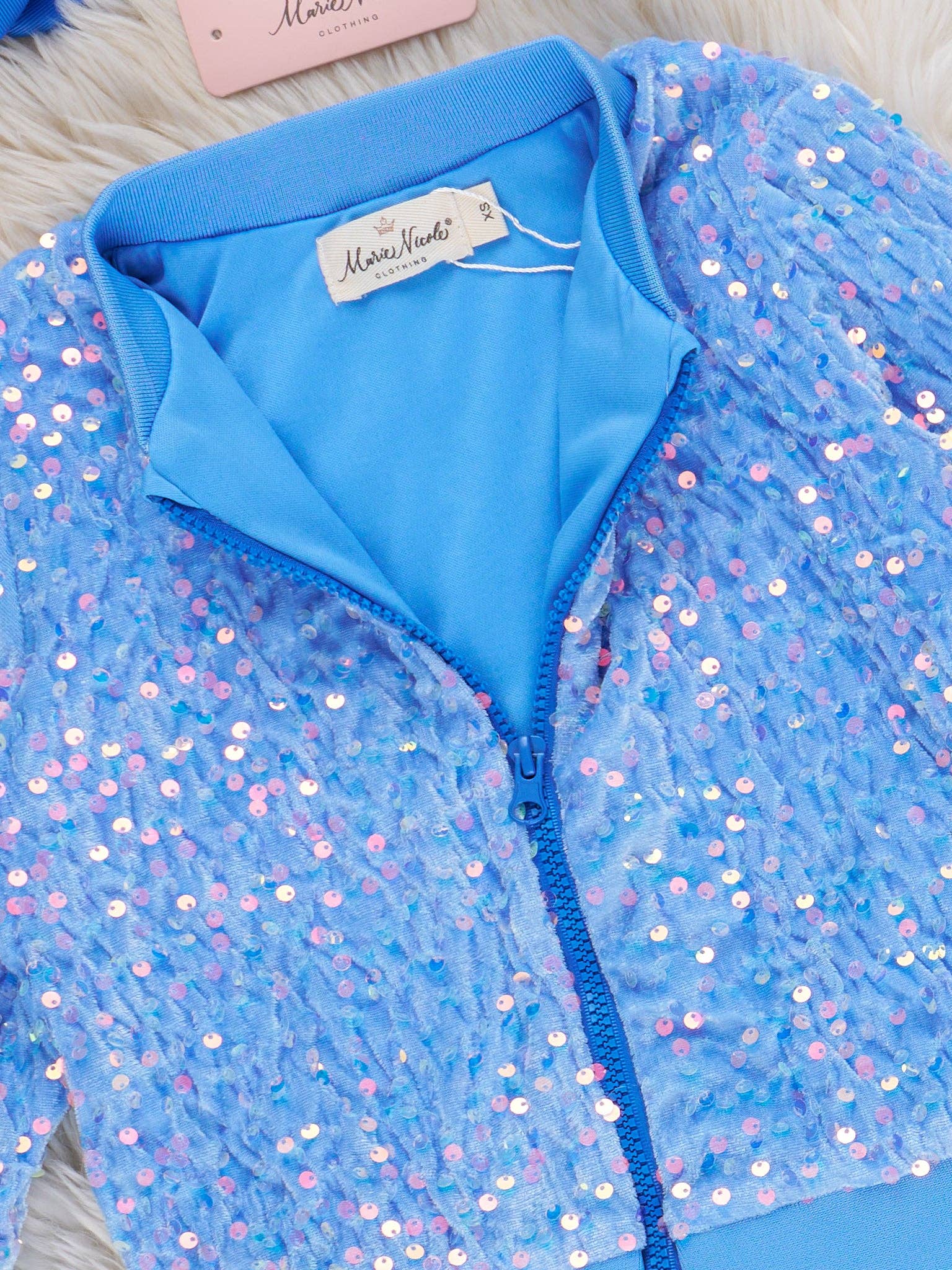 Marie Nicole Clothing - Wholesale Bomber Jacket - Kids - Blingy Blue Sequin Velvet Bomber Jacket1