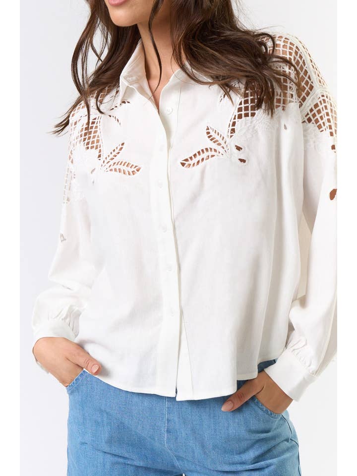 White ILT5298 Embroidered Cut Out Button Down Shirt for wholesale on Faire
