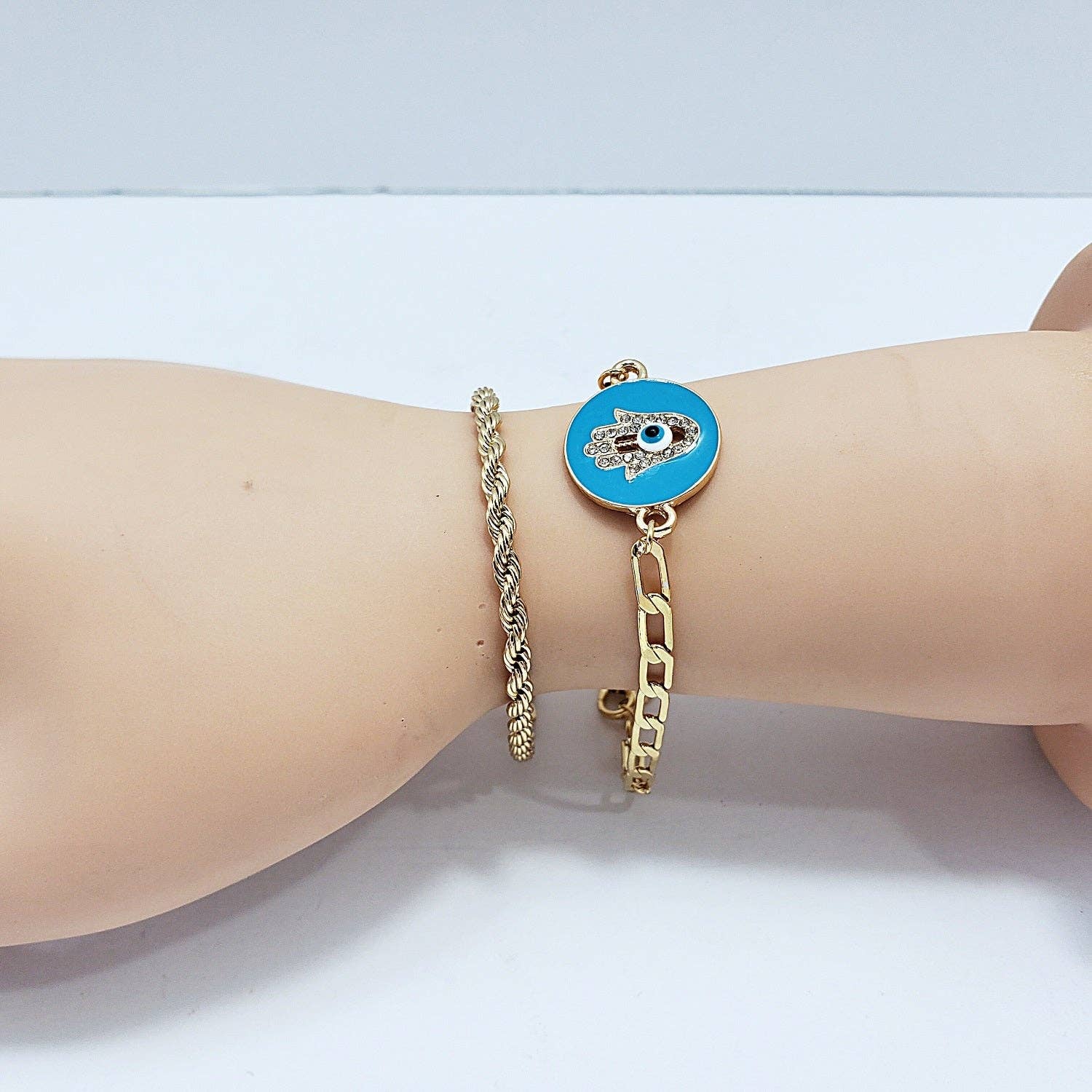 Greater Goods Imports & Wholesale - Wholesale Jewelry Set - B0176 CB1074 Evil Eye Hamsa Design Accented Dainty Chain Bracelets3