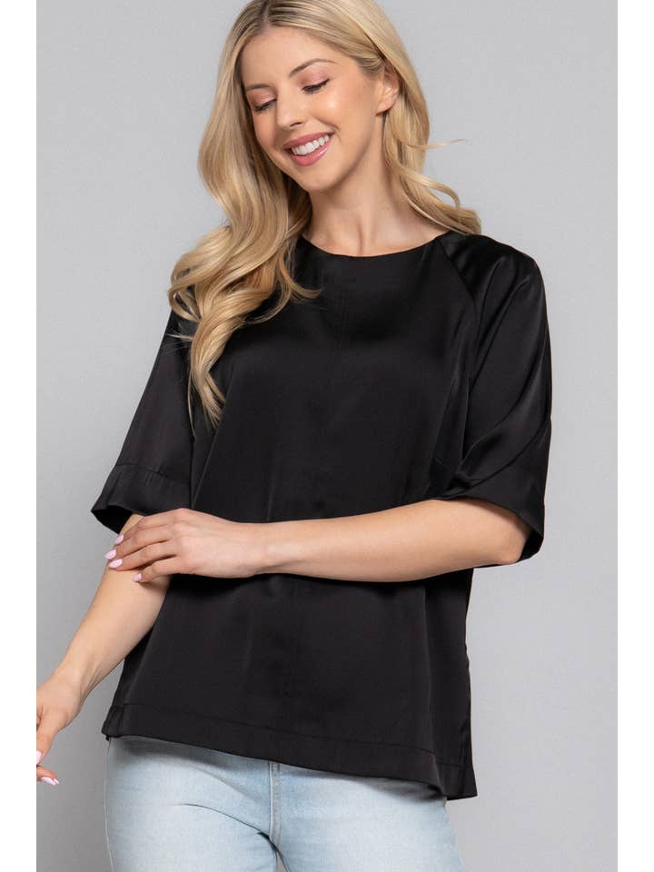 Active Basic | Active USA - Wholesale Blouse – Women’s - Raglan Elbow Sleeve Side Slit Back Closure Satin Blouse1
