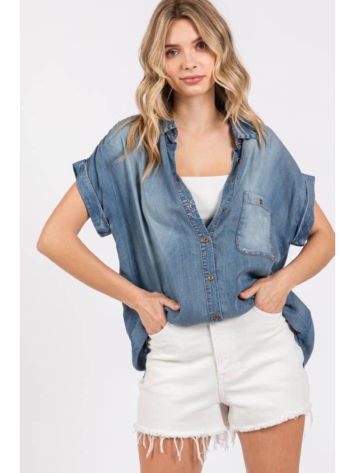 ZiA Apparel - Wholesale Button Down Shirt - Women's - Washed Roll Up Short Sleeve Shirt