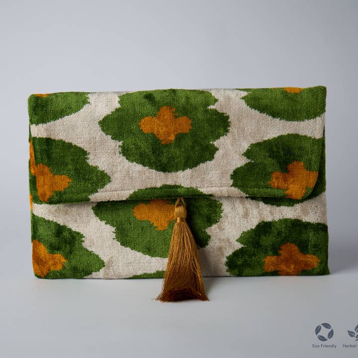 Silk Velvet Ikat Clutch – Off White / Green / Brown for wholesale by Galeyan Design