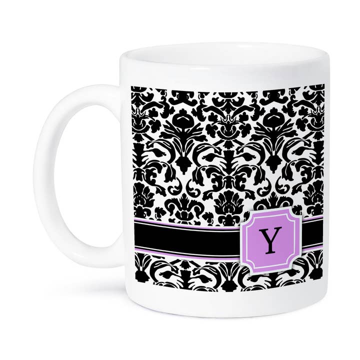 3dRose, Personligt initial Y monogrammeret lyserød sort og hvid damaskmønster piget stilfuldt personligt bogstav, Krus for engroshandel hos 3dRose
