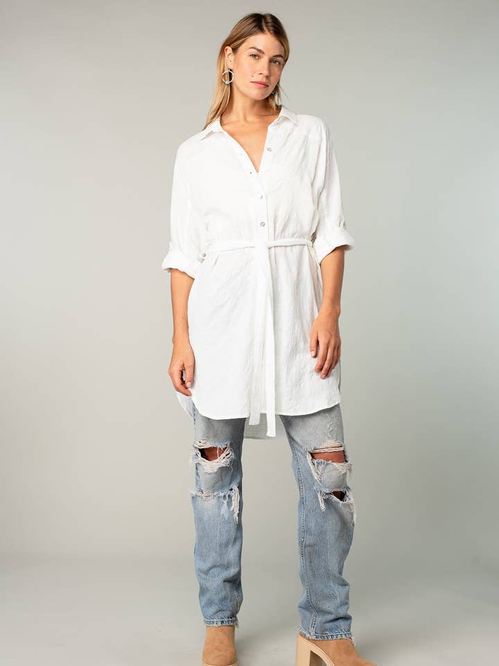 Collared 3/4 Sleeve Button Up Belted Tunic for wholesale by Lovestitch