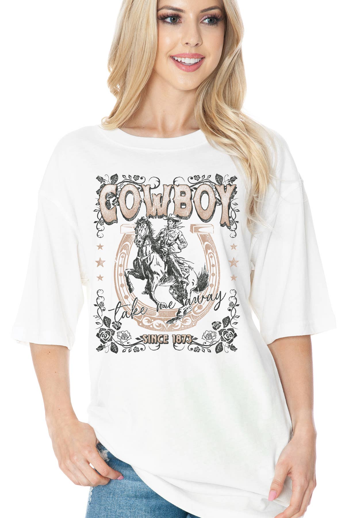 Amused by Blue - Wholesale Screen Printed T-Shirt - Women's - Women Cowboy Graphic Print Oversize Solid SS Top2