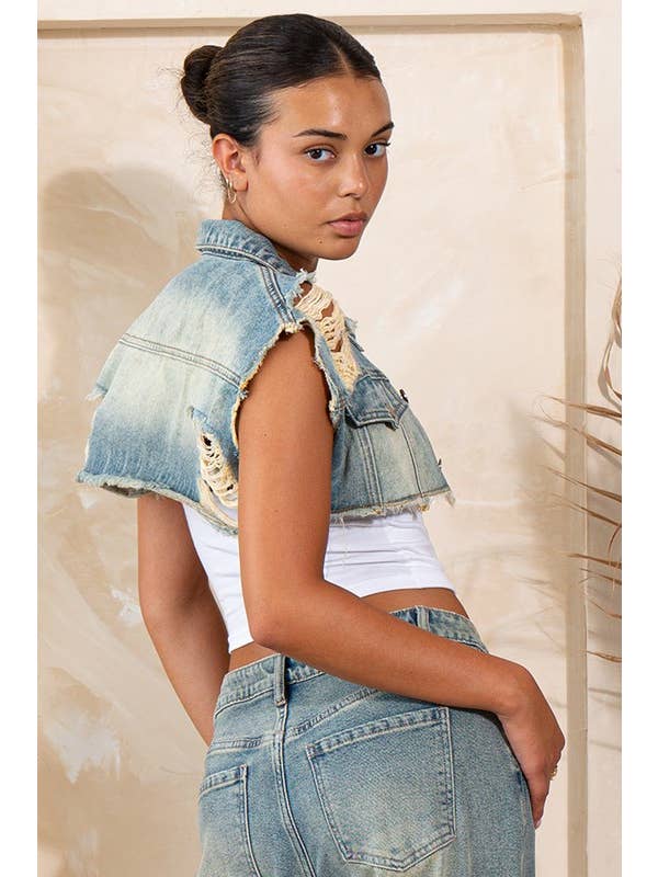 Lavagem vintage Casaco Bolero Ganga Desfiado Vintage Sem Mangas para venda a revendedores na Faire5