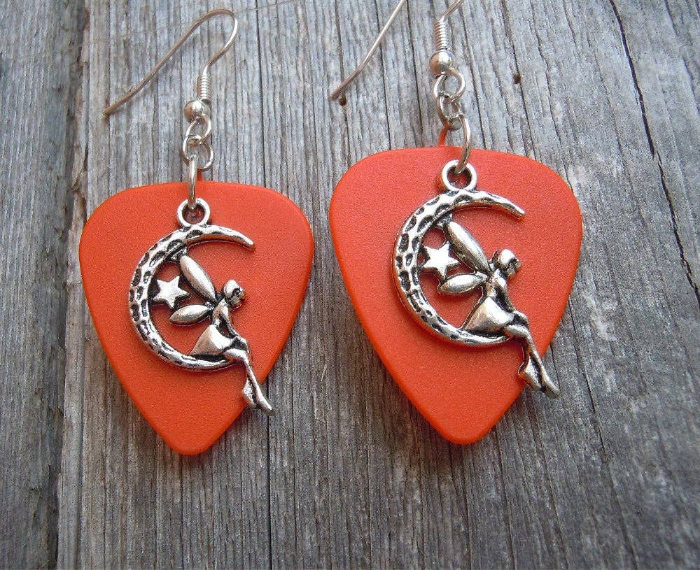 Simply Raevyn - Wholesale Dangle Earrings - Fairy on the Half Moon Charm Guitar Pick Earrings21