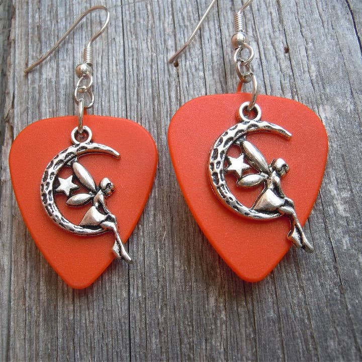 Simply Raevyn - Wholesale Dangle Earrings - Fairy on the Half Moon Charm Guitar Pick Earrings21