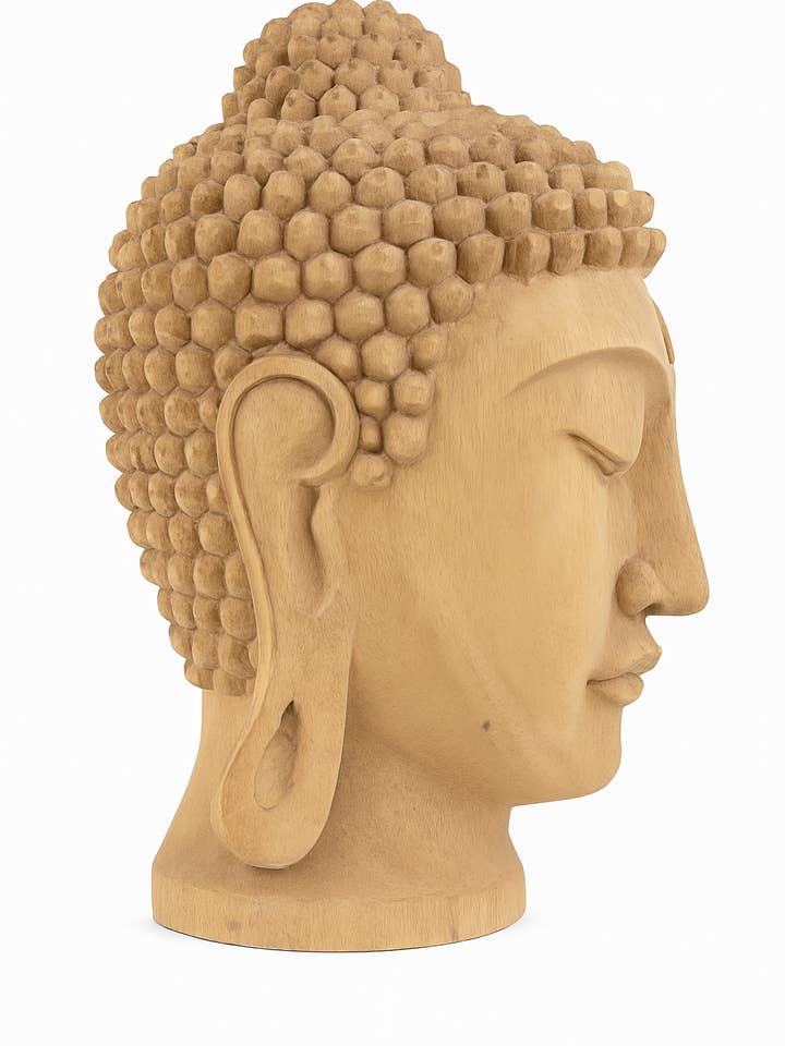 Upplyst Buddha-huvud Träskulptur – Suarträ för wholesale av The Bali Wood Co.