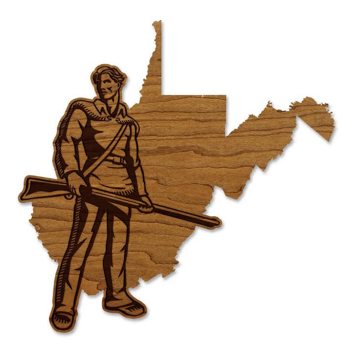 West Virginia University Mountaineer on State Wall Hanging - Crafted from Cherry and Maple Wood - West Virginia Mountaineers for wholesale by LazerEdge