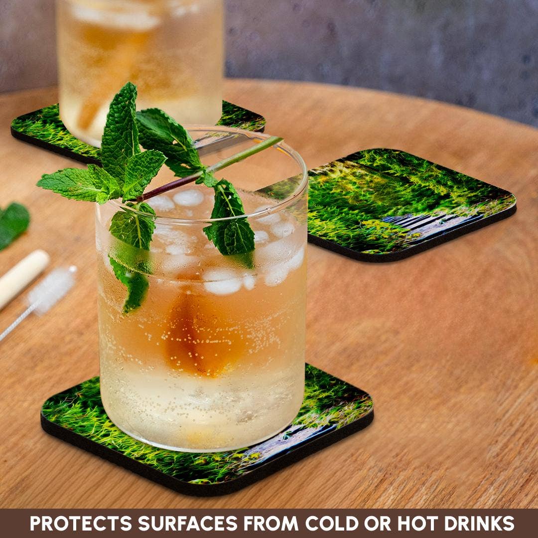 3dRose - Vente Sous-verre - 3dRose, Image de peinture infusée de lumière d'un chemin bordé de pins luxuriants, Sous-verre9