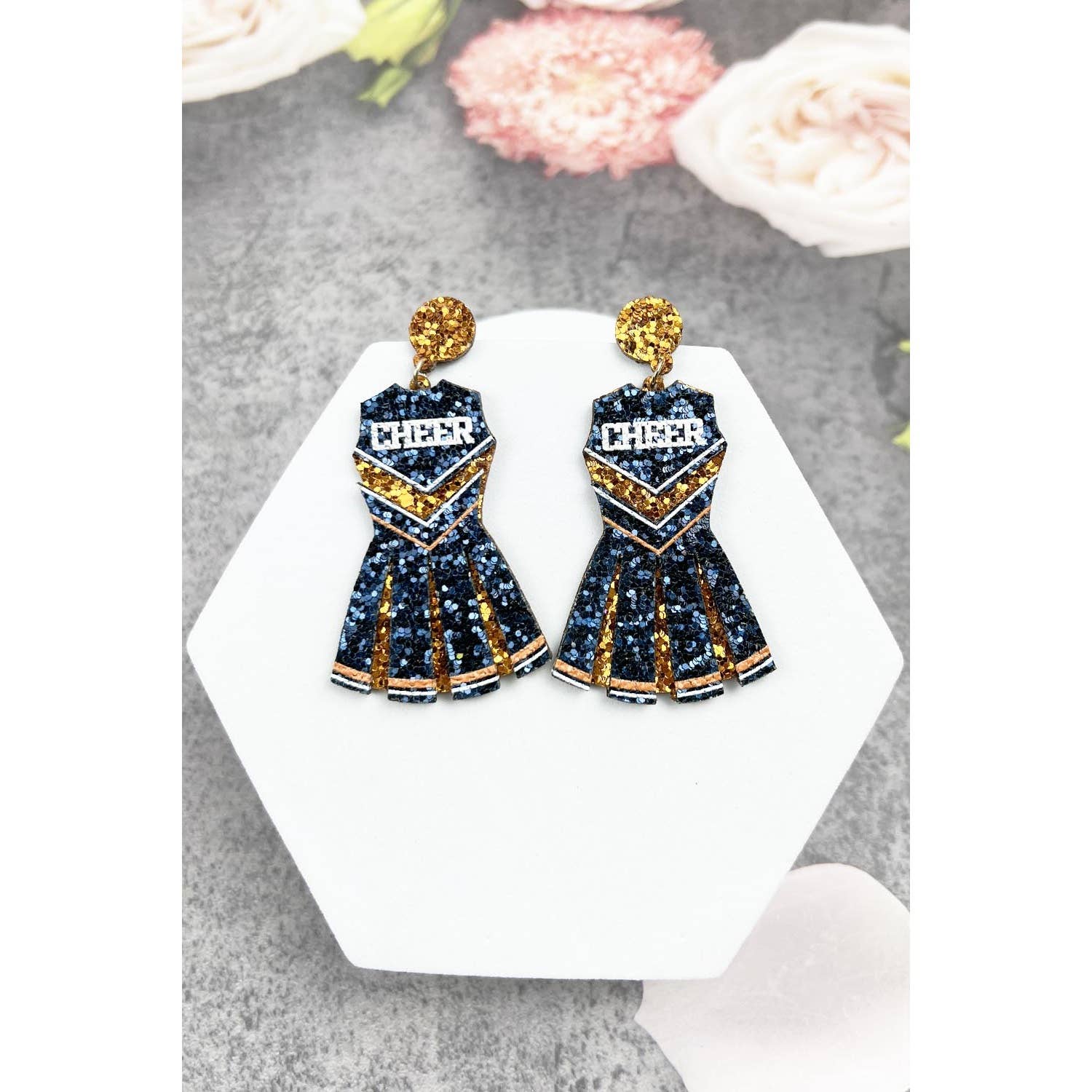 JHP Collection - Wholesale Dangle Earrings - GLITTER CHEERLEADER UNIFORM DROP POST EARRING0