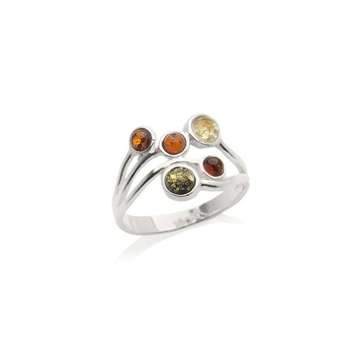Ring with round multicolored Baltic amber, sterling silver for wholesale by OPALOOK France