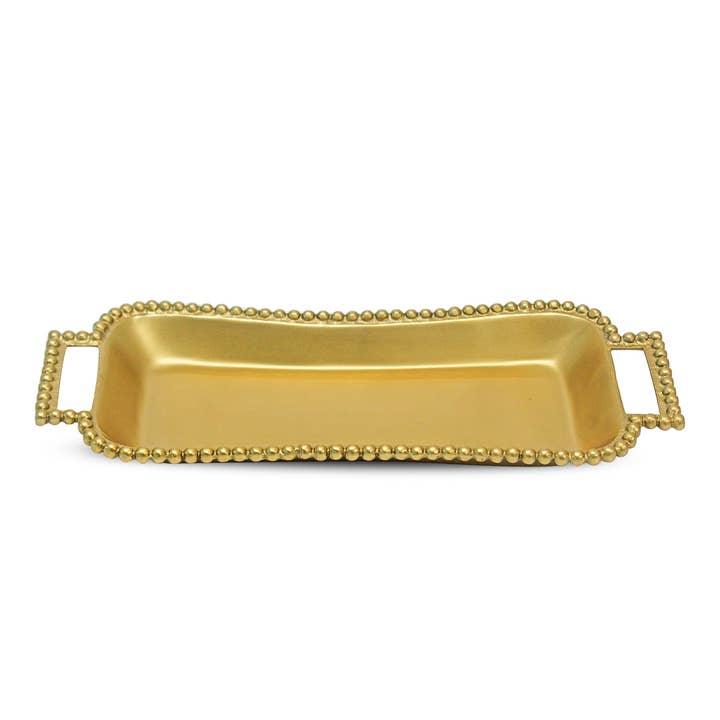 India Handicrafts Inc - Wholesale Decorative Tray - GOLD BEADED HANDLE ROUNDED RECTANGLE TRAY