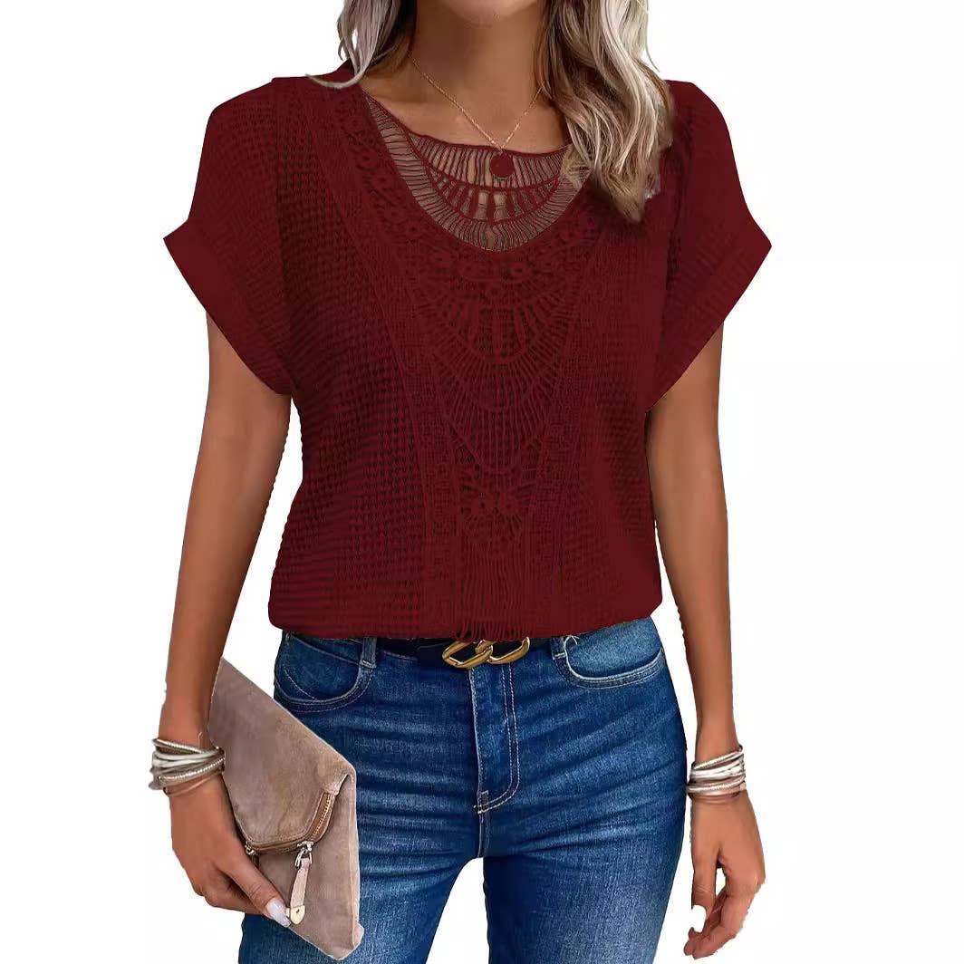 Crave by FW - Wholesale Knit Top - Women's - Lace Splicing Crew Neck T-shirt4