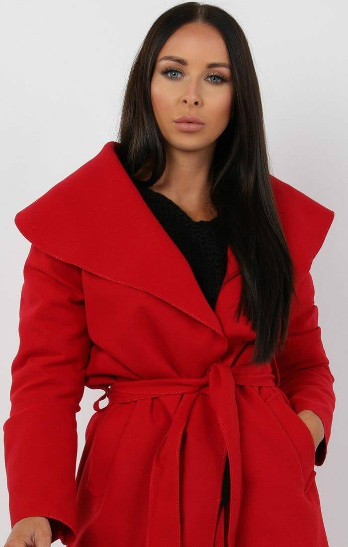Femme Luxe - Vente Manteau – femme - Manteau long ceinturé rouge style duster à effet cascade - Femme Luxe7