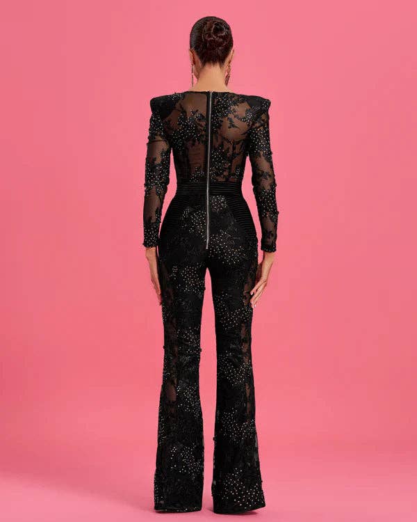 Fiona Secret Closet – wholesale Jumpsuit – Women's – Lace Floral Bead-Embellished V-Neck Jumpsuit for Women – Elegant Evening & Formal Outfit2