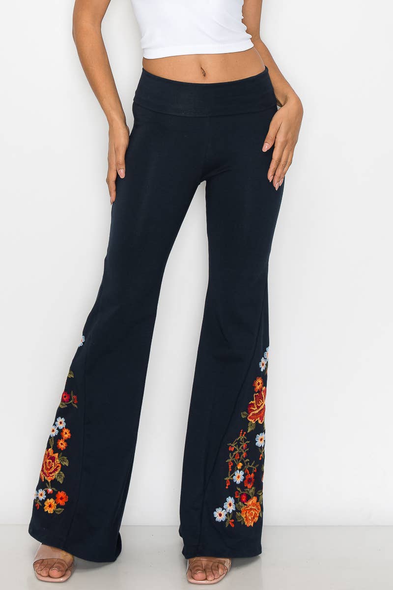T-Party - Wholesale Pants - Women's - Floral Embroidery Flare Leg Foldover Waist Pants10