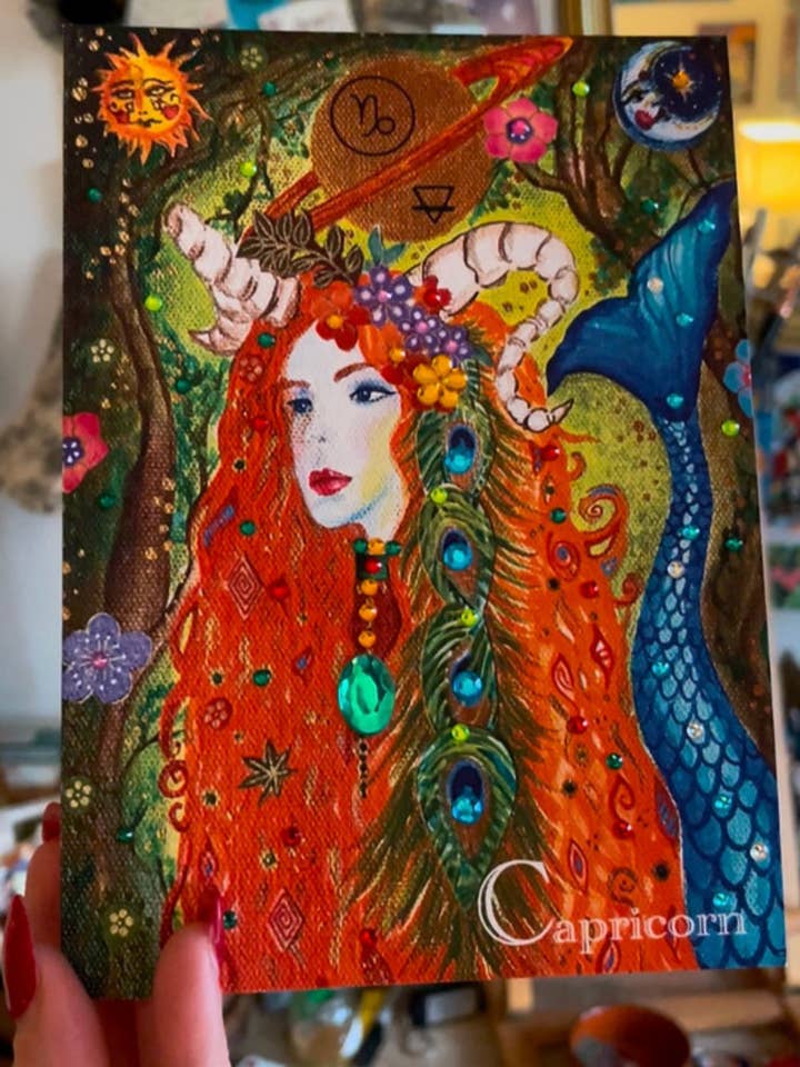 Begrüßungskarte mit Juwelen besetzter Steinbock Astrologie Horoskop Erde Si für den Großhandel von Art by Diana Comstock