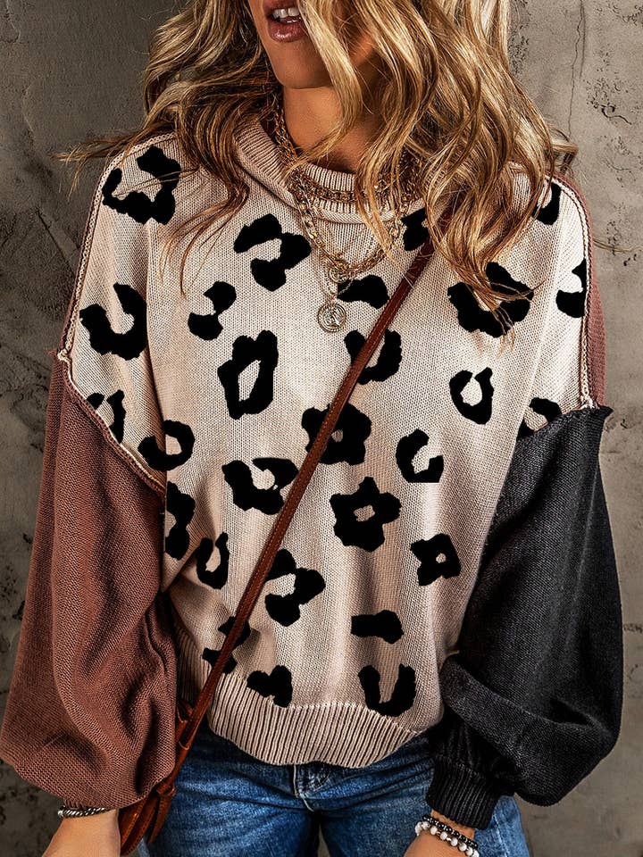 Coffee Leopard Print Colorblock Pullover Sweater for wholesale on Faire