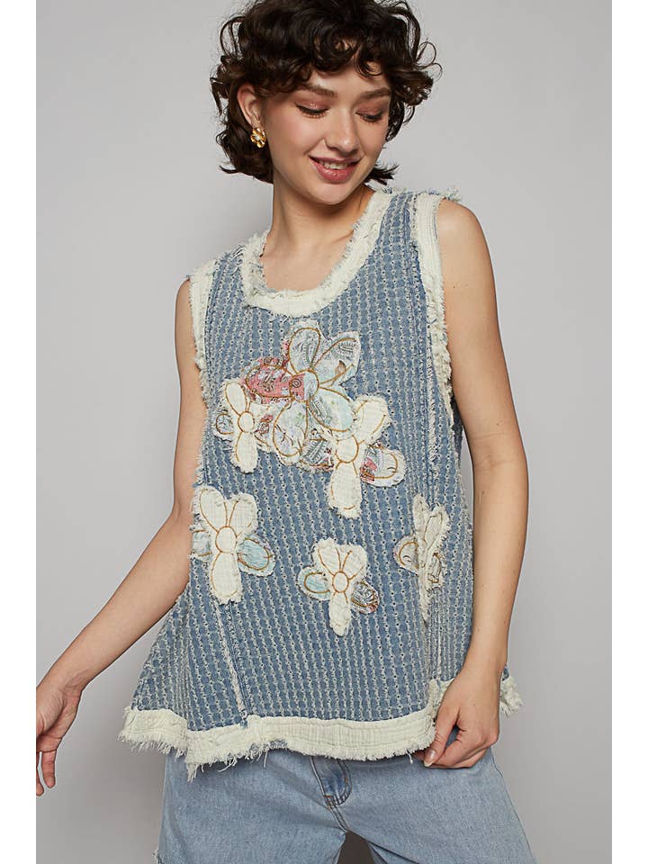 Pol Clothing - Wholesale Blouse - Women's - Round neck sleeveless denim flower patch top