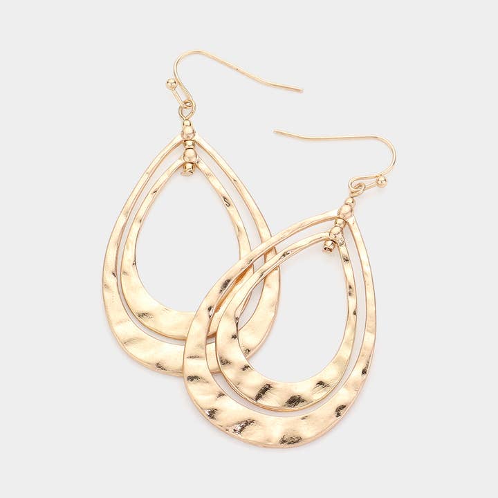 Sensibling Corp. - Wholesale Dangle Earrings - Hammered Metal Double Layered Teardrop Dangle Earrings