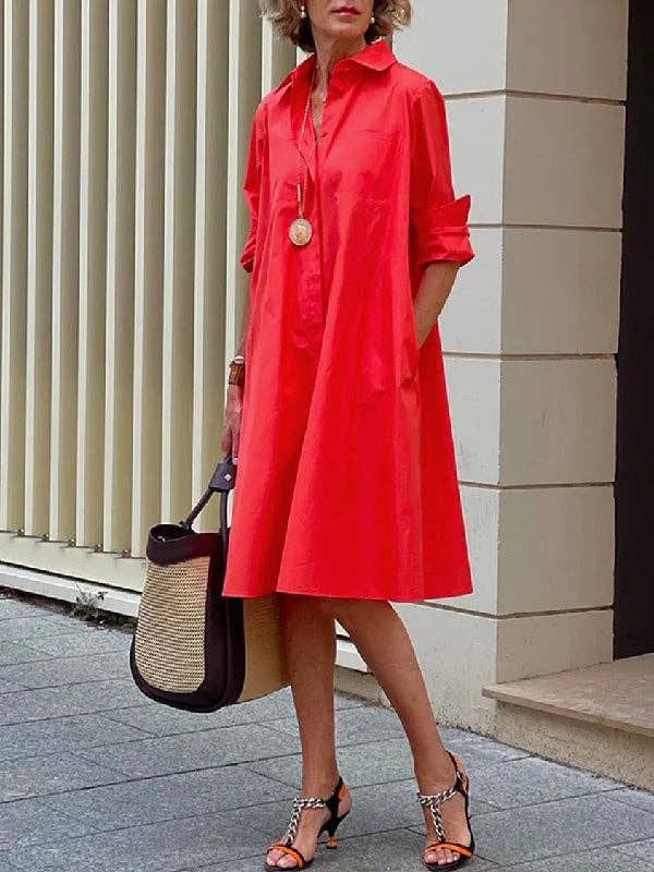 StyleGalX - Wholesale Dress - Women's - Simple Long Sleeves Solid Color Lapel Midi Dress4