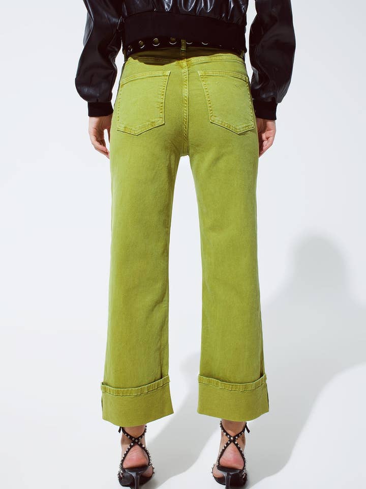 Vert Jean droit à ourlet court en denim stretch vert olive en vente sur Faire2
