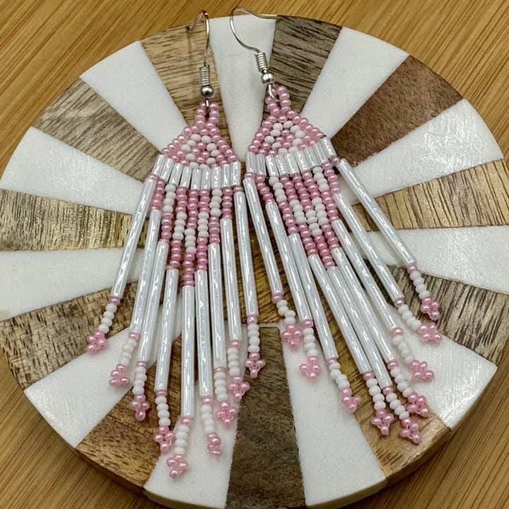 BEADS CORNER - Wholesale Dangle Earrings - Handmade Beaded Light Pink White Bugle Seed Bead Earrings