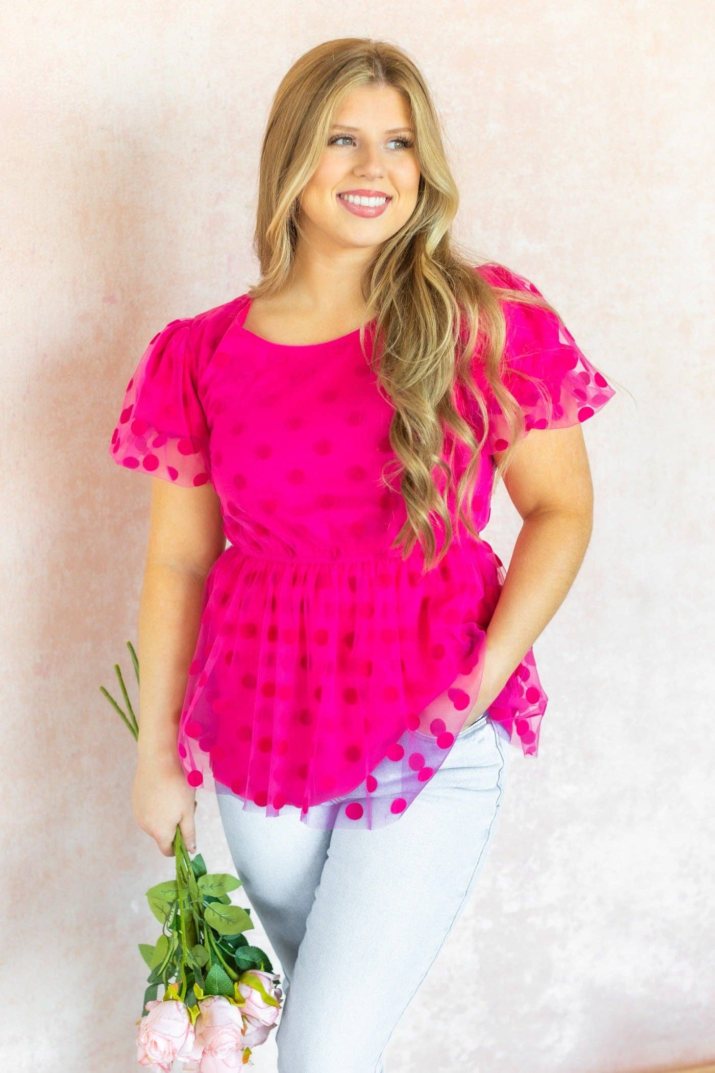Pink Polka Dot Mesh Peplum Top for wholesale on Faire5