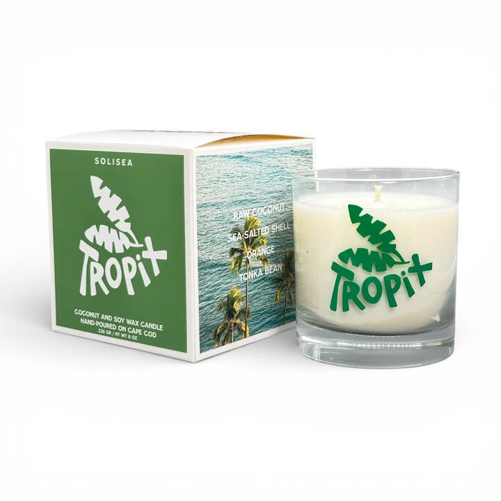 Bougie en pot TROPIX • Noix de coco, coquillage salé et tonka pour la vente par Solisea