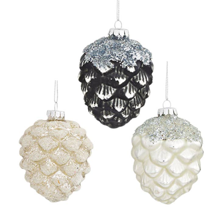 Wurm - Wholesale Christmas Decoration - Christmas Ornament Pine Cone made of Glass, Set of 3, White/Silver/Black (W/H/D) 7x9x7cm